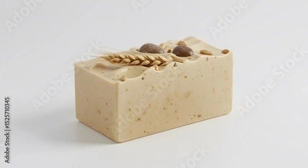 Fototapeta Natural Handmade Soap Bar with Wheat Decoration on White Background