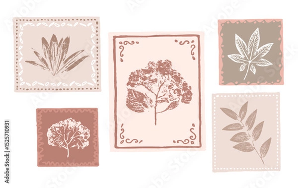 Fototapeta Set of hand drawn flower stamps botanical prints on various color swatches. Plant and flower art for card design or invitation.