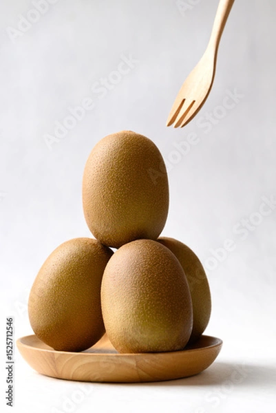 Obraz Fresh kiwi fruit with wooden plate and fork on white background, Healthy eating