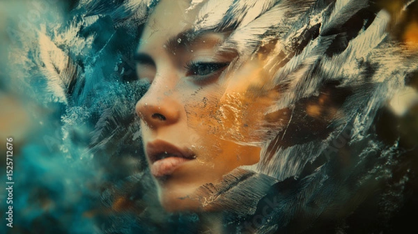 Fototapeta Character's face merges with elements like waves, presenting a dreamy and surreal artistic creative portrait scene