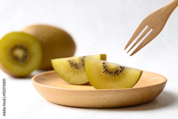 Obraz Sliced sungold kiwi fruit on wooden plate with fork ready to eating