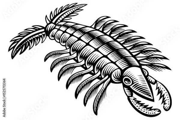 Fototapeta A stylized monochrome illustration of a prehistoric, segmented arthropod with claws and paddle-like appendages, resembling an ancient marine creature or fossil.