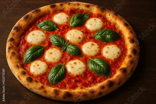 Fototapeta Gourmet Italian pizza with melted mozzarella cheese and fresh basil, close-up shot.