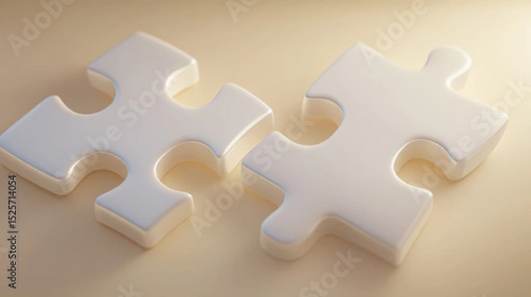 Fototapeta Two clean, white puzzle pieces clicking perfectly together. Representing solutions, partnership, completion