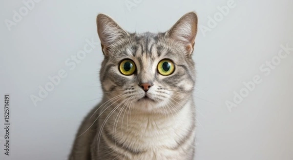 Obraz A Stunning Portrait of a Gray Tabby Cat with Captivating Yellow Eyes Against a Neutral Background