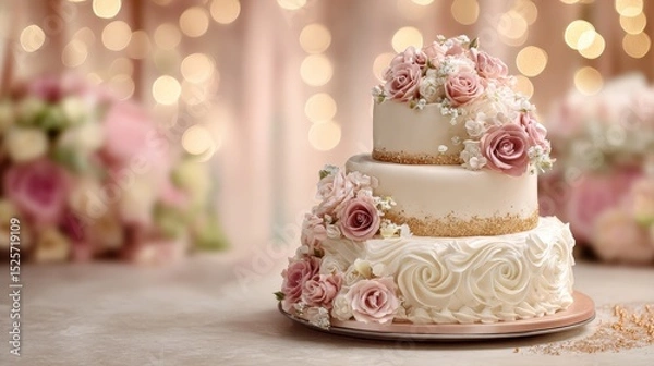 Obraz Three tiered wedding cake on festive celebration background
