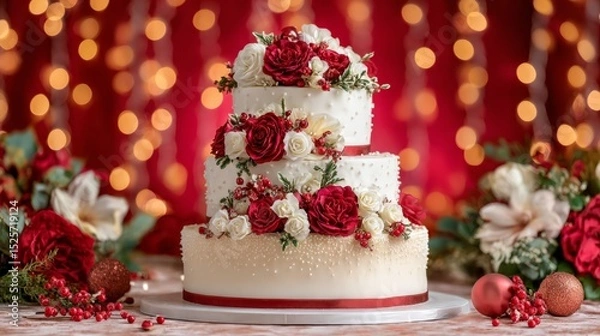 Obraz Three tiered wedding cake on festive celebration background