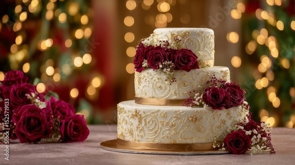 Obraz Three tiered wedding cake on festive celebration background