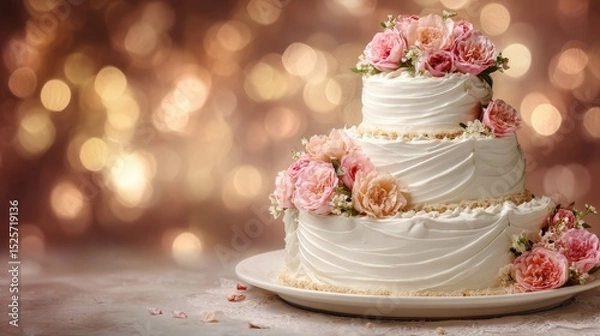 Obraz Three tiered wedding cake on festive celebration background