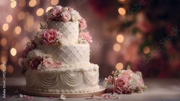 Obraz Three tiered wedding cake on festive celebration background