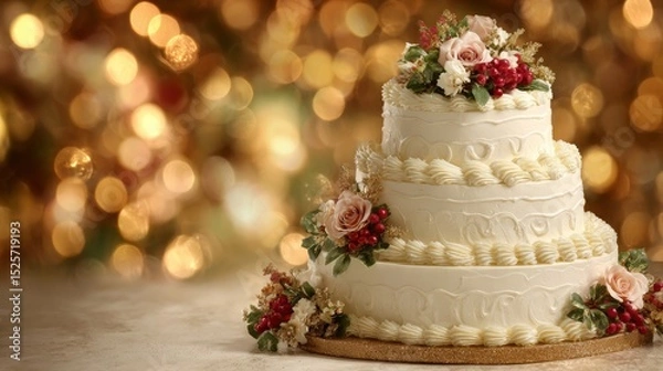 Obraz Three tiered wedding cake on festive celebration background