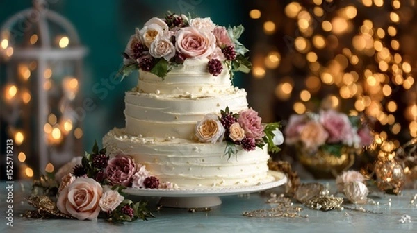 Obraz Three tiered wedding cake on festive celebration background