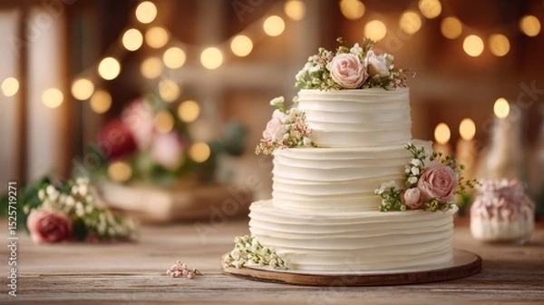 Obraz Three tiered wedding cake on festive celebration background