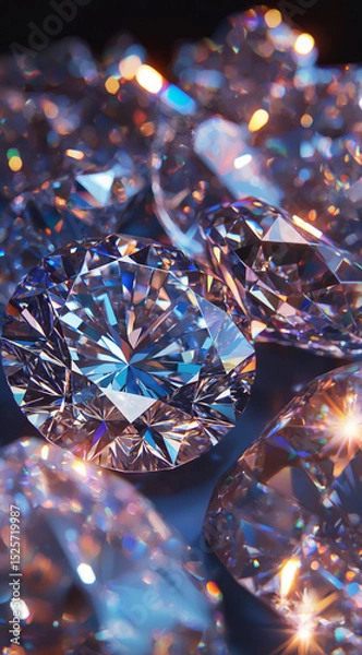 Fototapeta Sparkling close-up of multiple round diamonds under dramatic lighting with rich detail
