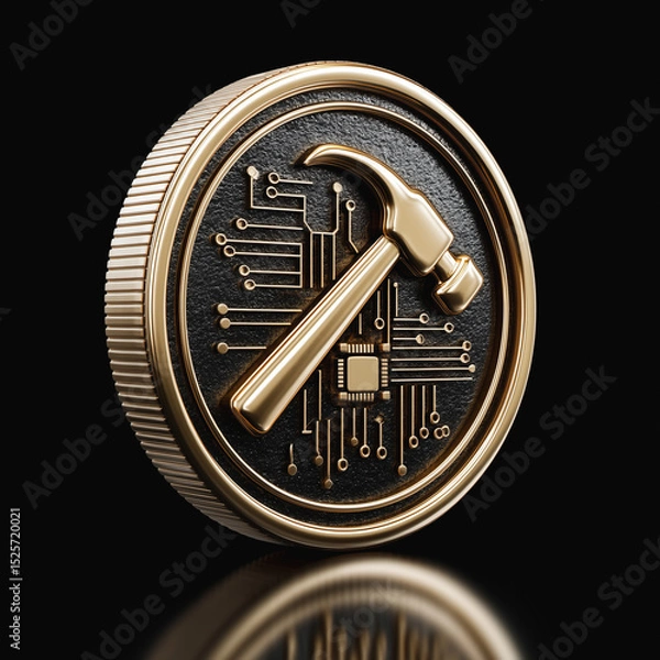 Fototapeta Gold coin with hammer and digital circuit design representing tech industry concept
