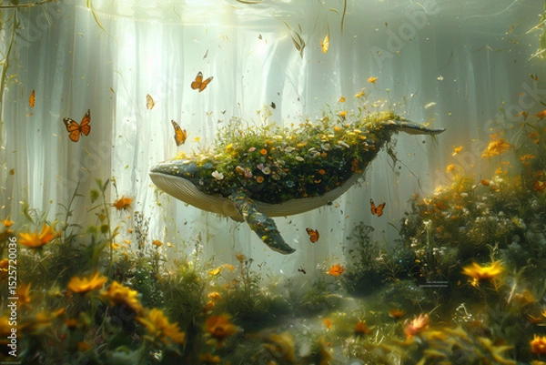 Fototapeta Fantasy whale covered in wildflowers floating in magical forest with butterflies
