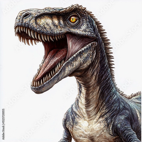 Fototapeta Ferocious velociraptor with open jaws showing teeth on clean white background
