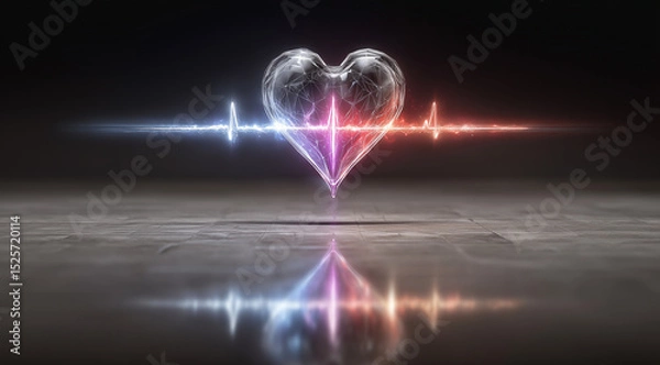 Fototapeta Glowing glass heart with pulsating energy waves on futuristic dark background
