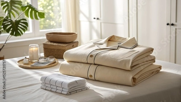 Fototapeta Neatly Folded Towels and Pajamas on Bed