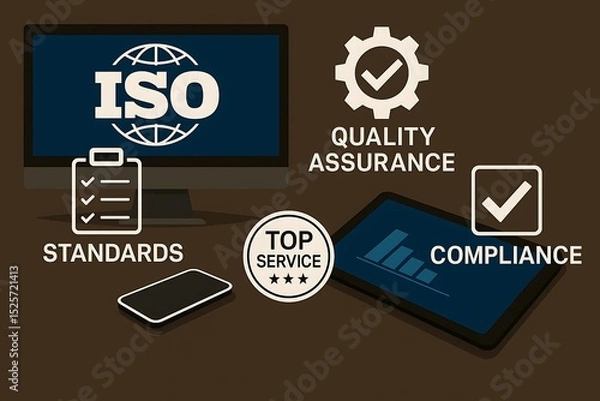 Fototapeta ISO Certification and Quality Assurance concept with digital shield and compliance symbols 