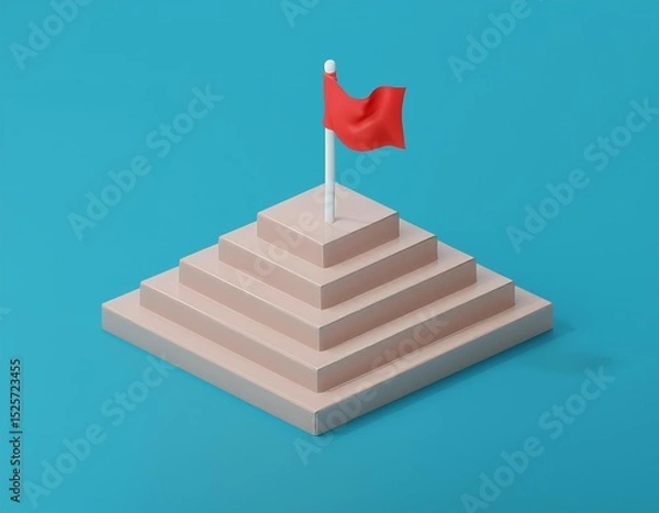 Fototapeta 3D red flag flying atop a pyramid of steps