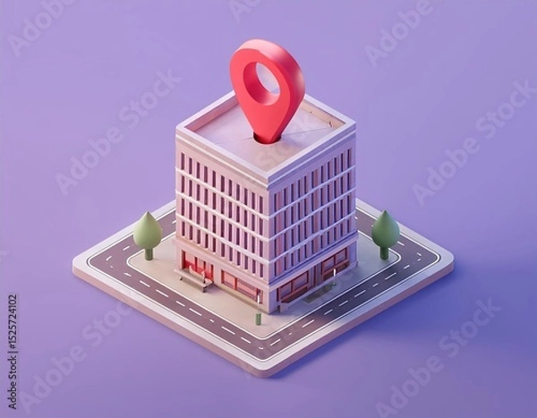 Fototapeta 3D location pin marks a low poly building in the city