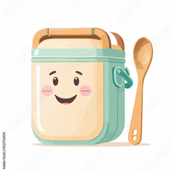 Obraz Flat vector icon of a pastel lunchbox with a smiling cartoon face and reusable bamboo spoon