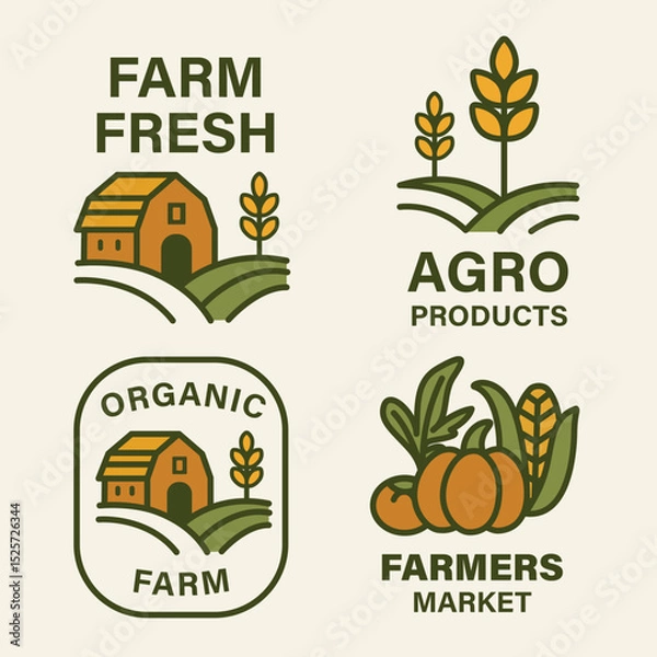Fototapeta Set of vector agricultural logos with barn, field, wheat, vegetables, sun and text elements. Flat illustration in organic and eco style. Farm market and food label concept for design and print