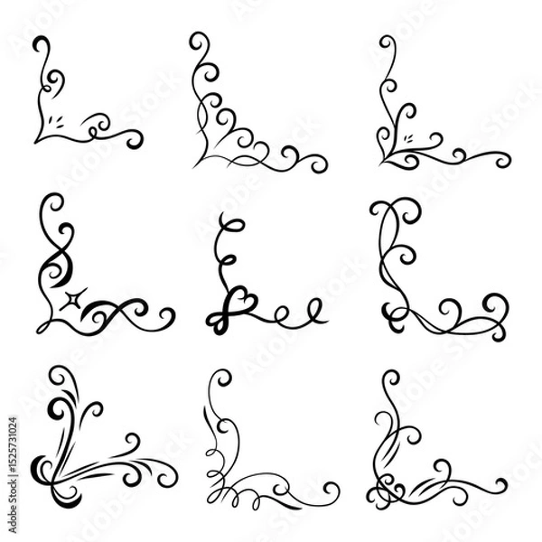 Fototapeta Hand Drawn Swirl Scroll Corner Ornament. A refined collection of 9 hand drawn decorative corner ornaments featuring curls spirals flourishes leaves and artistic strokes. Perfect for layouts invitation