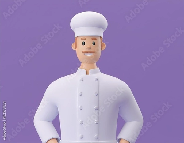 Fototapeta 3D cartoon chef with a friendly smile stands against a purple background