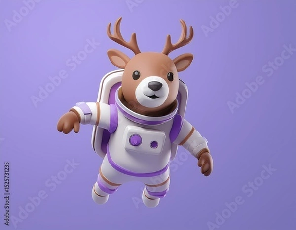 Fototapeta 3D cartoon reindeer floats through space in an astronaut suit