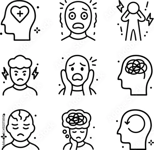 Fototapeta Anxiety icon pack featuring diverse symbols representing stress worry fear and mental health challenges providing visual aids for designers and therapists, websites apps presentations and publications