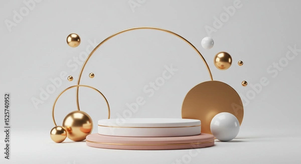 Fototapeta Abstract 3D render of a product display podium with golden spheres and a white background