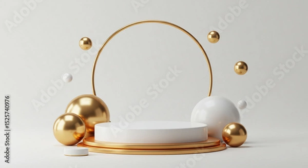 Obraz Elegant minimalist 3D rendering with a white podium and golden spheres decoration