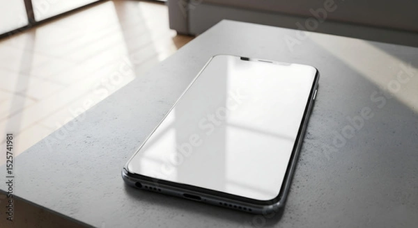 Fototapeta A realistic smartphone with blank screen on a modern surface, suited for UI/UX mockups