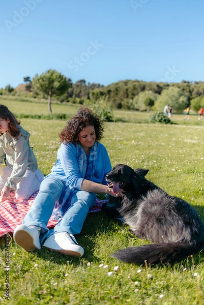 Fototapeta Mother and daughter petting their dog while having a picnic in a park
