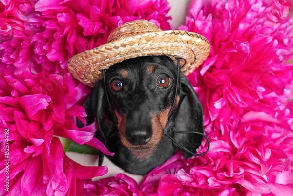 Fototapeta adorable dachshund wearing a straw hat nestled among vivid pink blossoms looking into the camera with a calm and curious expression. capture the charm and playfulness of this delightful scene