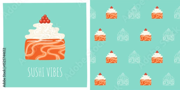 Fototapeta Sushi roll Philadelphia cartoon seamless pattern. Traditional Asian Japanese food boundless background. Sushi seafood endless vector design for paper print fabric textile wrapper backdrop template