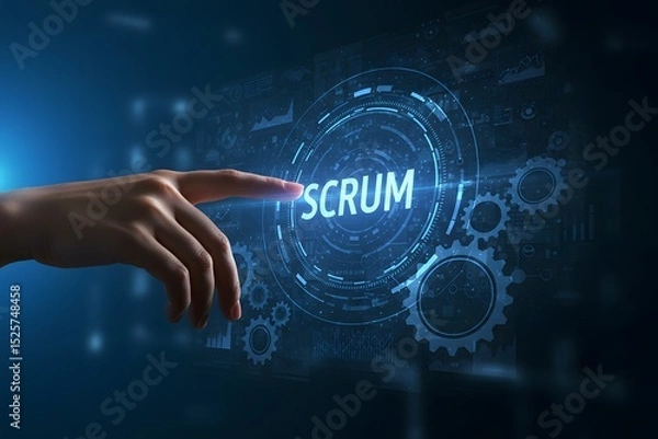 Fototapeta SCRUM, Agile development methodology, programming and application design technology concept on virtual screen.Generated AI