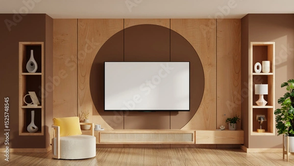 Obraz Modern living room interior featuring a built-in flat screen TV mounted on a wooden wall with circular accent design- 3D rendering