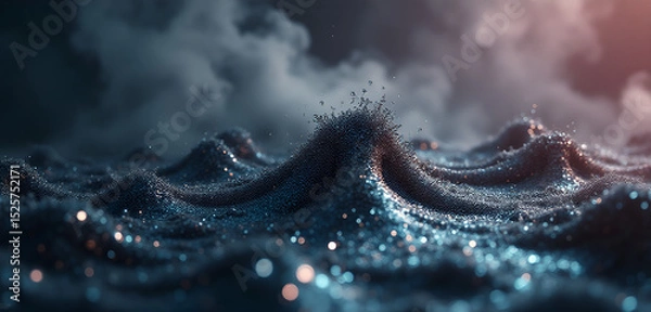 Fototapeta Surreal waves of dark blue color against a background of smoke. Flickering glare, an atmosphere of gloomy fantasy, mysticism. AI generation.