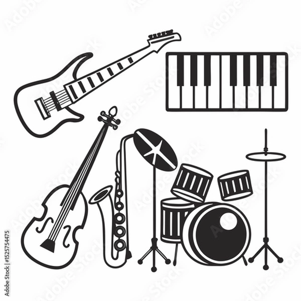Fototapeta Musical instruments collection black and white illustration