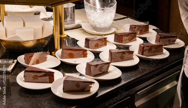 Obraz Many white plates with pieces of famous Sachertorte chocolate cake with apricot jam of Austrian origin in kitchen of old classic cafe-restaurant in Vienna