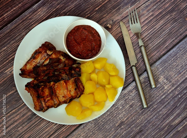 Obraz Fried pork ribs on a plate with boiled potatoes and tomato sauce on a wooden table.