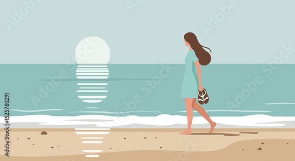 Fototapeta Woman walking on a sandy beach with light turquoise waves and a bright sun in the background