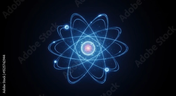 Fototapeta Glowing atom model with orbiting electrons representing science and technology