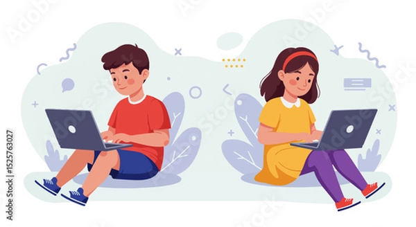 Fototapeta Two children using laptops on cloud-like surfaces in a whimsical, colorful indoor setting