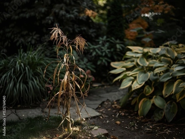 Obraz A withered plant envies lush foliage, shallow depth emphasizes dramatic lighting, symbolizing jealousy in this garden scene.