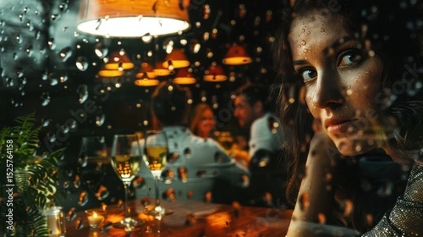 Obraz Rain blurs her envious gaze at a couple's warm restaurant glow; reflection, moody cinematic scene.