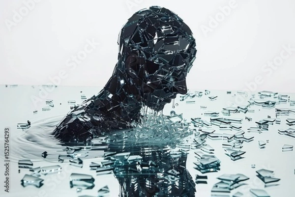 Obraz Shattered glass forms an abstract crying silhouette, tears pool as reflective fragments border the figure in a stark, emotional scene.
